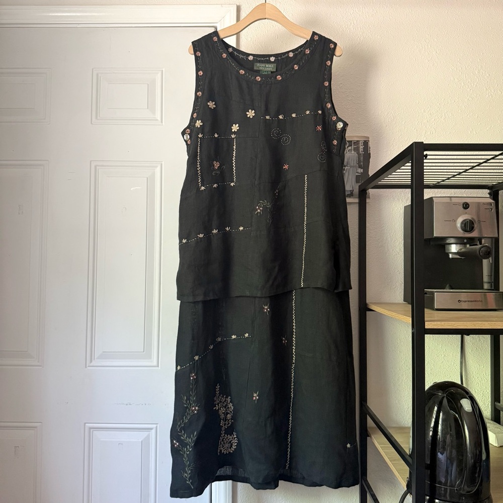 PAPY BOEZ black linen floral embroidered layered sleeveless midi dress